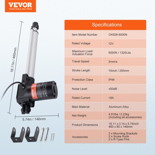 VEVOR 12V 10 Inch 1320lbs/6000N Linear Actuator, 0.19"/s Linear Motion Actuator with Mounting Bracket & IP44 Protection for Electric Door Industrial