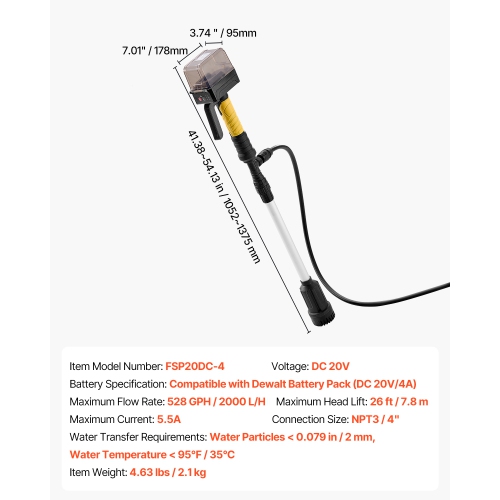 VEVOR 528GPH Cordless Stick Water Transfer Pump, with NPT3/4" Garden Hose, Compatible with Dewalt 20V MAX Battery, Electric Utility Stick Pump for