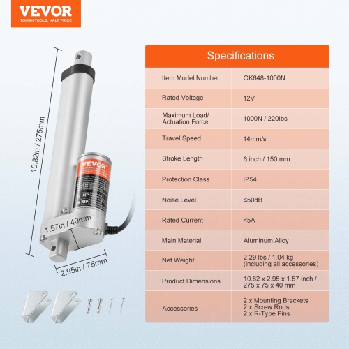 VEVOR 12V Linear Actuator, 6 Inch High Speed 0.55"/s Linear Actuator, 220lbs/1000N Linear Motion Actuator with Mounting Bracket and IP54 Protection