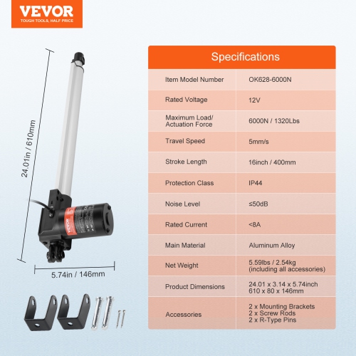 VEVOR 12V 16 Inch Heavy 1320lbs/6000N Linear Actuator, 0.19"/s Linear Motion Actuator with Mounting Bracket & IP44 Protection for Electric Door