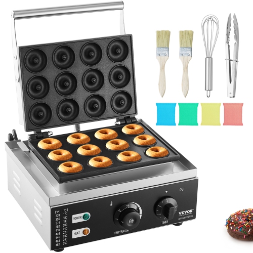 VEVOR 1550W Commercial Electric Donut Maker with Non-stick Surface, 12 Hole Double-Sided Heating Waffle Machine Makes 12 Doughnuts, Temperature
