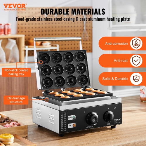 VEVOR 1550W Commercial Electric Donut Maker with Non-stick Surface, 12 Hole Double-Sided Heating Waffle Machine Makes 12 Doughnuts, Temperature