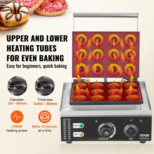 VEVOR 1550W Commercial Electric Donut Maker with Non-stick Surface, 12 Hole Double-Sided Heating Waffle Machine Makes 12 Doughnuts, Temperature