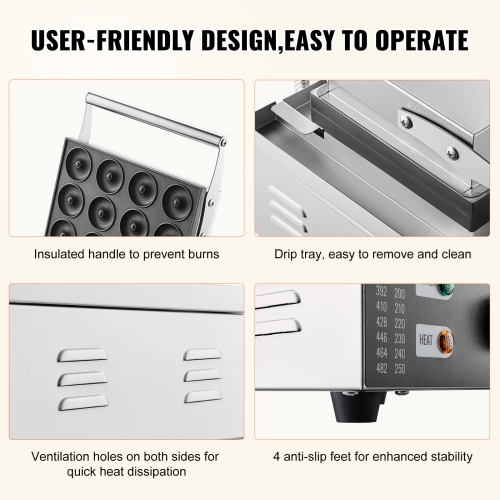 VEVOR 1550W Commercial Electric Donut Maker with Non-stick Surface, 12 Hole Double-Sided Heating Waffle Machine Makes 12 Doughnuts, Temperature