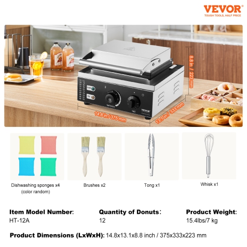 VEVOR 1550W Commercial Electric Donut Maker with Non-stick Surface, 12 Hole Double-Sided Heating Waffle Machine Makes 12 Doughnuts, Temperature