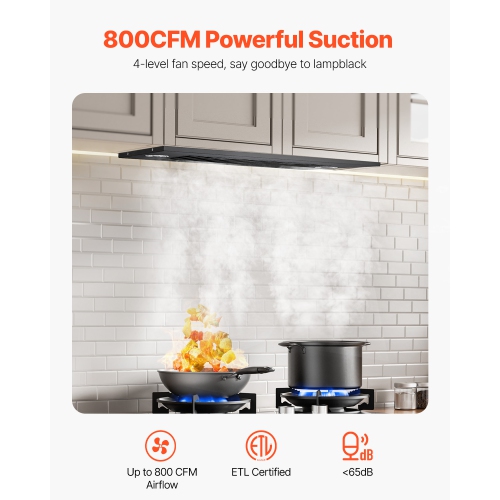 VEVOR 30 inches Built-in Range Hood Insert, 800CFM Steel, Gesture & Touch Control, LED Light, Baffle Filters, 4-Speed Fan, Ducted/Ductless