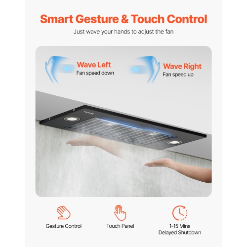 VEVOR 30 inches Built-in Range Hood Insert, 800CFM Steel, Gesture & Touch Control, LED Light, Baffle Filters, 4-Speed Fan, Ducted/Ductless