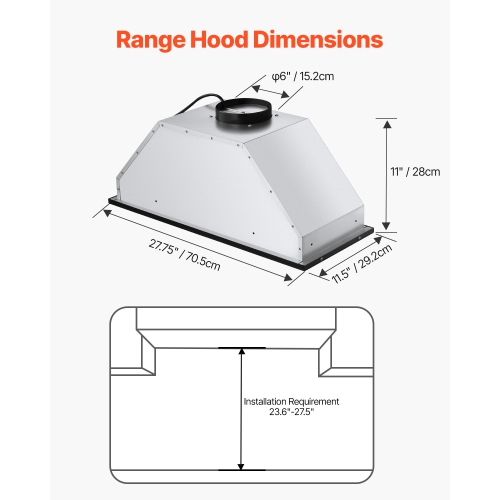 VEVOR 30 inches Built-in Range Hood Insert, 800CFM Steel, Gesture & Touch Control, LED Light, Baffle Filters, 4-Speed Fan, Ducted/Ductless