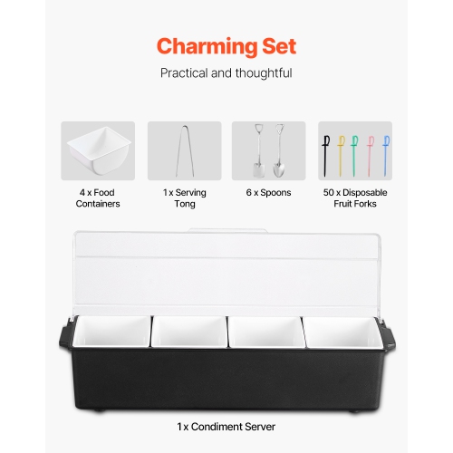 VEVOR 4 Compartment Chilled Condiment Server, Chilled Garnish Tray Bar Caddy with Lid, for Bartending & Serving Taco, Salad, Fruit, Home & Restaurant