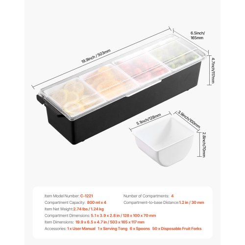 VEVOR 4 Compartment Chilled Condiment Server, Chilled Garnish Tray Bar Caddy with Lid, for Bartending & Serving Taco, Salad, Fruit, Home & Restaurant