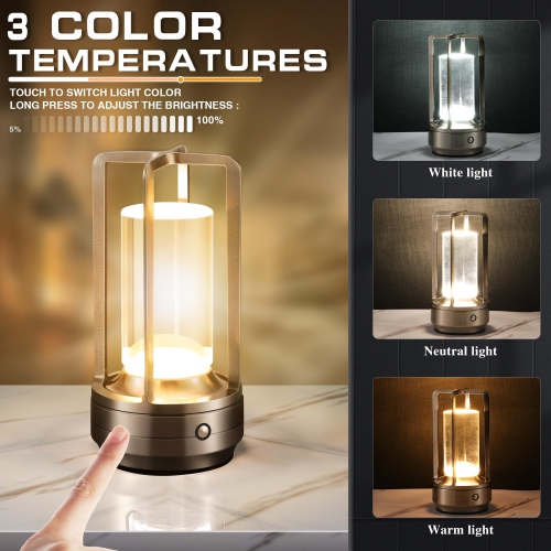 Cordless Table Lamp with Touch Control,3-Colour Rechargeable Battery Powered LED Lighting for Restaurant Indoor- Silver