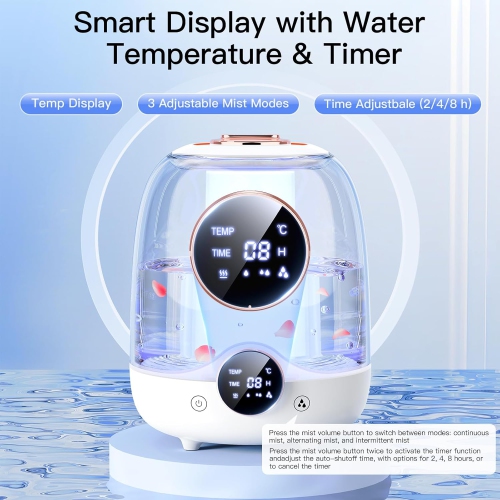 Humidifiers for Bedroom,Small Home Humidifier with 3L Tank,Dual Nozzles,LED Lights,Smart Timer,Auto Shut-Off,Portable Office Humidifier