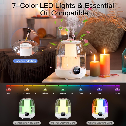 Humidifiers for Bedroom,Small Home Humidifier with 3L Tank,Dual Nozzles,LED Lights,Smart Timer,Auto Shut-Off,Portable Office Humidifier