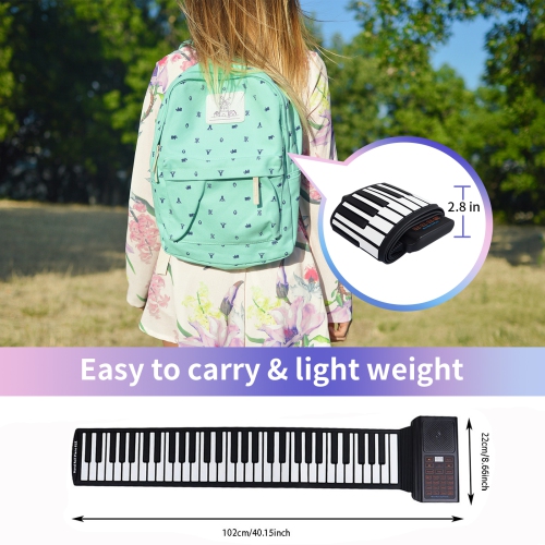 61-Key Hand Roll Piano, Smart Portable Multi-Function Electronic Piano with 128 Unique Tones and Built-in Speaker for Beginners and Kids - Black