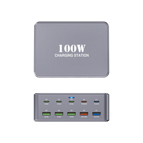 Multi-port PD, USB charging stand, travel studio 100W charging head, fast charging power strip mobile phone fast charger - gray