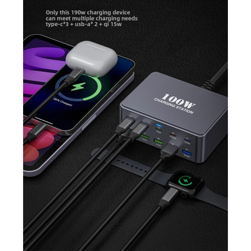 Multi-port PD, USB charging stand, travel studio 100W charging head, fast charging power strip mobile phone fast charger - gray