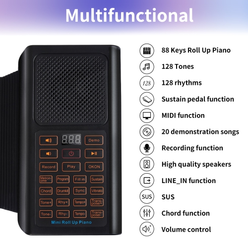 61-Key Hand Roll Piano, Smart Portable Multi-Function Electronic Piano with 128 Unique Tones and Built-in Speaker for Beginners and Kids - white