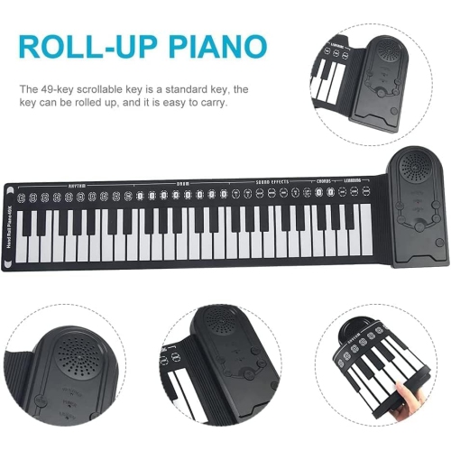 49-key piano hand roll with speaker, portable folding children's piano, beginner piano teaching instrument, with recording function - white
