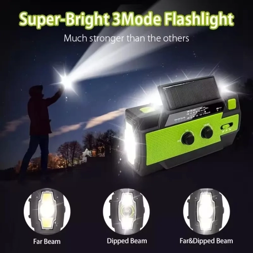 Emergency radio, multi-function radio, hand-crank radio with flashlight, solar radio, SOS AM/FM/NOAA weather radio - green