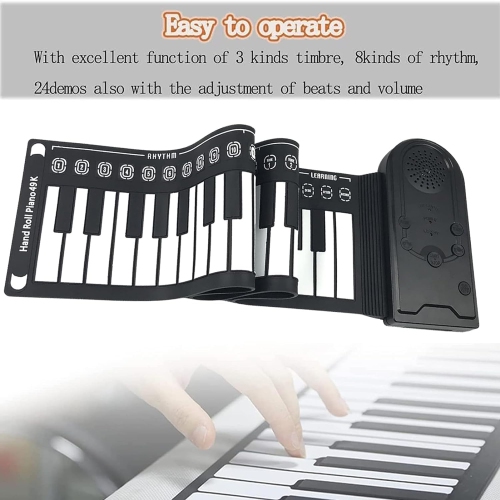 49-key piano hand roll with speaker, portable folding children's piano, beginner piano teaching instrument, with recording function - black