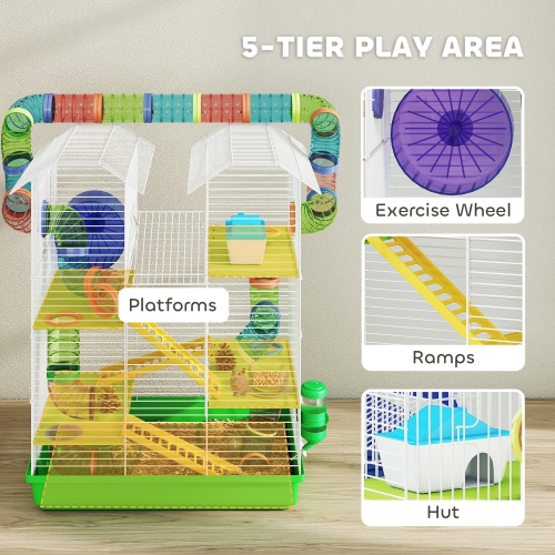 PawHut 18.5" Hamster Cage, 5 Tiers Small Animal House with Tunnel Tube System, Exercise Wheel, Water Bottle, Food Dish, Ramp, Green