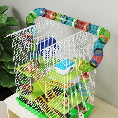 PawHut 18.5" Hamster Cage, 5 Tiers Small Animal House with Tunnel Tube System, Exercise Wheel, Water Bottle, Food Dish, Ramp, Green