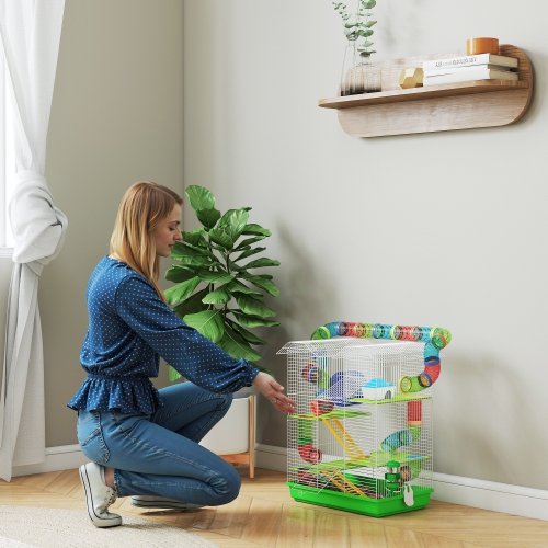 PawHut 18.5" Hamster Cage, 5 Tiers Small Animal House with Tunnel Tube System, Exercise Wheel, Water Bottle, Food Dish, Ramp, Green