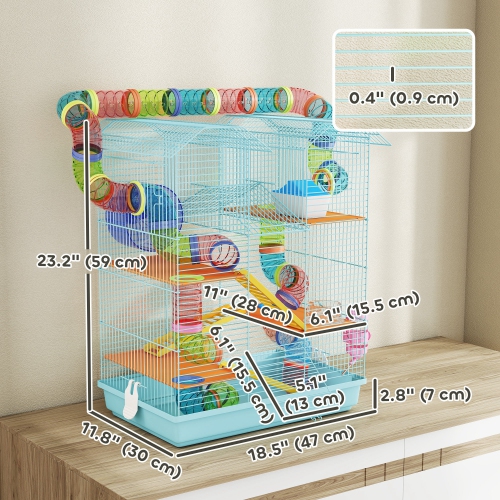 PawHut 18.5" Hamster Cage, 5 Tiers Small Animal House with Tunnel Tube System, Exercise Wheel, Water Bottle, Food Dish, Ramp, Light Blue