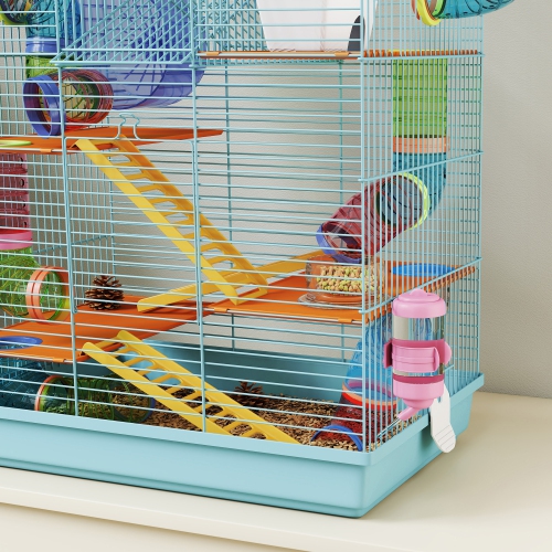 PawHut 18.5" Hamster Cage, 5 Tiers Small Animal House with Tunnel Tube System, Exercise Wheel, Water Bottle, Food Dish, Ramp, Light Blue