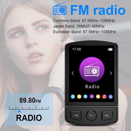 32GB Clip-On MP3/MP4 Player, Portable Bluetooth Music Player with Radio, Recorder, and Headset Support