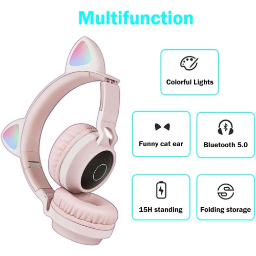 Cat Ears Luminous Bluetooth Earphones with SD and TF Slots, Head-worn Wireless Bluetooth Headphones for Girls, Boys, Kids, Teens, Students - Light