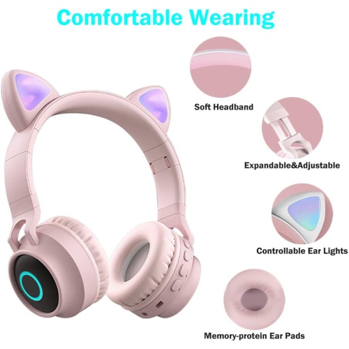 Cat Ears Luminous Bluetooth Earphones with SD and TF Slots, Head-worn Wireless Bluetooth Headphones for Girls, Boys, Kids, Teens, Students - Light