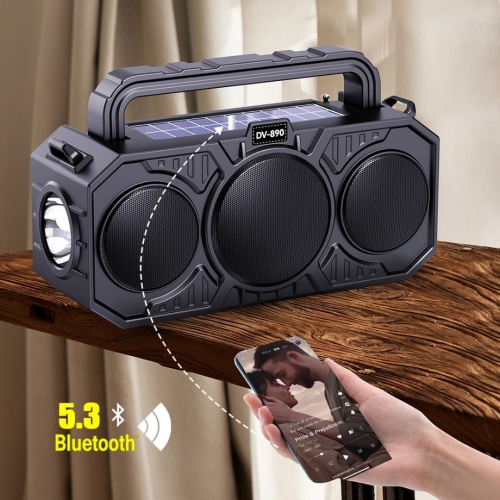 Outdoor Wireless Bluetooth Speaker, Dual Solar with Flashlight Card Player Audio, Support TF Card USB Player Audio FM Radio