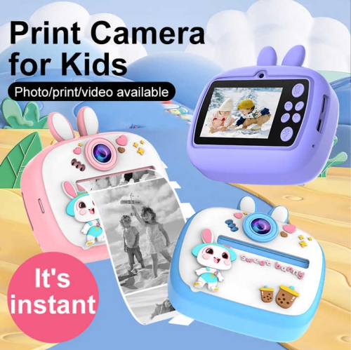 Children's camera Polaroid camera Mini disposable portable thermal paper digital camera, 2.4-inch HD screen, support multiple languages, purple kitten