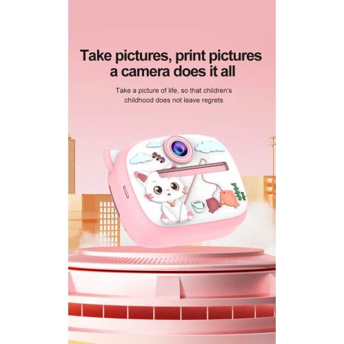 Children's camera Polaroid camera Mini disposable portable thermal paper digital camera, 2.4-inch HD screen, support multiple languages, purple kitten