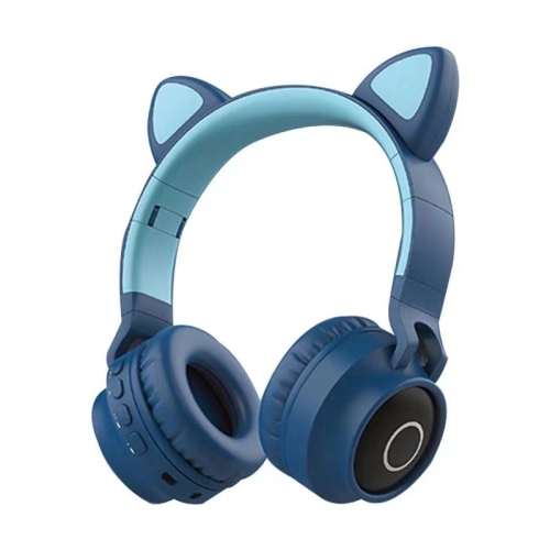 Cat Ears Luminous Bluetooth Earphones with SD and TF Slots, Head-worn Wireless Bluetooth Headphones for Girls, Boys, Kids, Teens, Students - Dark Blue