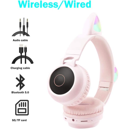 Cat Ears Luminous Bluetooth Earphones with SD and TF Slots, Head-worn Wireless Bluetooth Headphones for Girls, Boys, Kids, Teens, Students - Dark Blue