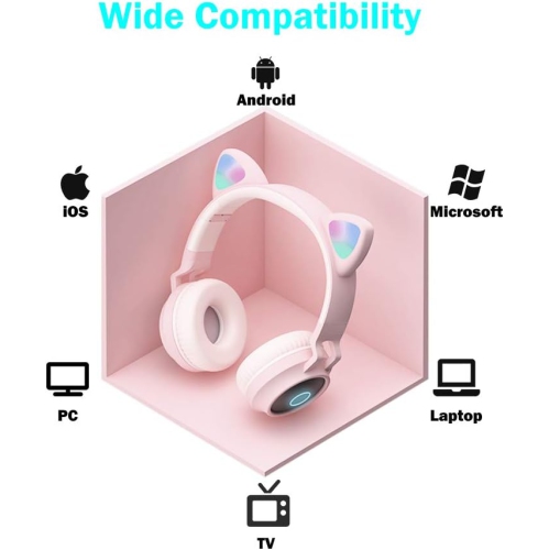 Cat Ears Luminous Bluetooth Earphones with SD and TF Slots, Head-worn Wireless Bluetooth Headphones for Girls, Boys, Kids, Teens, Students - Dark Blue