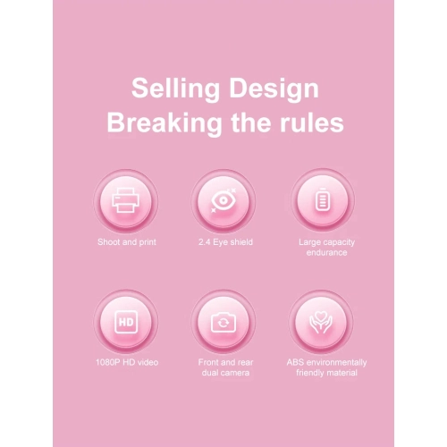 Children's camera Polaroid camera Mini disposable portable thermal paper digital camera, 2.4-inch HD screen, support multiple languages, pink rabbit