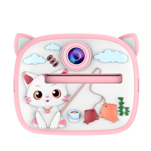 Children's camera Polaroid camera Mini disposable portable thermal paper digital camera, 2.4-inch HD screen, support multiple languages, pink kitten