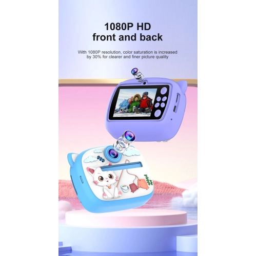 Children's camera Polaroid camera Mini disposable portable thermal paper digital camera, 2.4-inch HD screen, support multiple languages, pink kitten