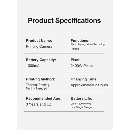 Children's camera Polaroid camera Mini disposable portable thermal paper digital camera, 2.4-inch HD screen, support multiple languages, pink kitten