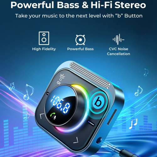 Bluetooth 5.4 Car Adapter Aux with 3 Charging Ports [PD 30W and 2*18W] [Safety Air Vent Holder] Deep HiFi Bass Player Wireless Radio FM Transmitter