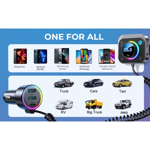 Bluetooth 5.4 Car Adapter Aux with 3 Charging Ports [PD 30W and 2*18W] [Safety Air Vent Holder] Deep HiFi Bass Player Wireless Radio FM Transmitter