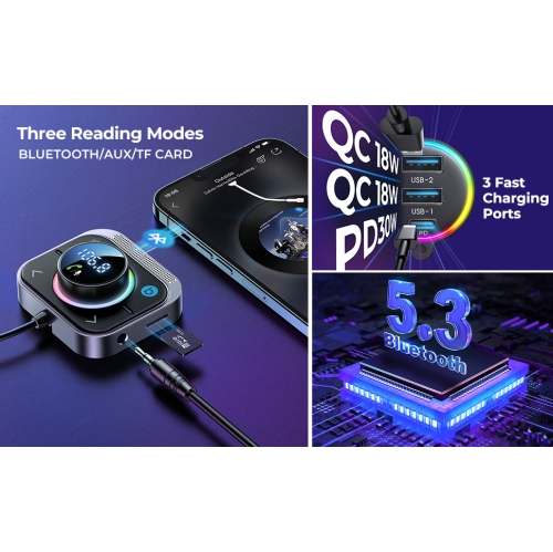 Bluetooth 5.4 Car Adapter Aux with 3 Charging Ports [PD 30W and 2*18W] [Safety Air Vent Holder] Deep HiFi Bass Player Wireless Radio FM Transmitter