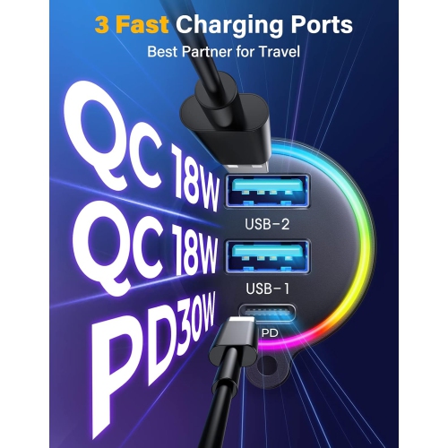 Bluetooth 5.4 Car Adapter Aux with 3 Charging Ports [PD 30W and 2*18W] [Safety Air Vent Holder] Deep HiFi Bass Player Wireless Radio FM Transmitter