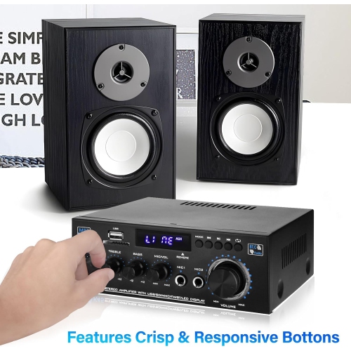 Bluetooth 5.0 Stereo Home Audio Amplifier, 300W x 2 Dual Channel Speaker Amplifier, USB, SD Card Input for Home Theater Audio Stereo System