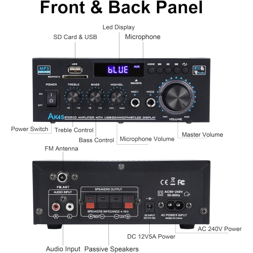 Bluetooth 5.0 Stereo Home Audio Amplifier, 300W x 2 Dual Channel Speaker Amplifier, USB, SD Card Input for Home Theater Audio Stereo System
