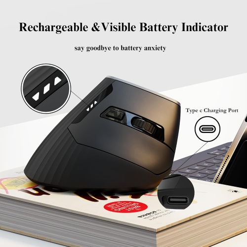 Uineer Wireless Vertical Mouse – Bluetooth & 2.4G, Rechargeable – Black