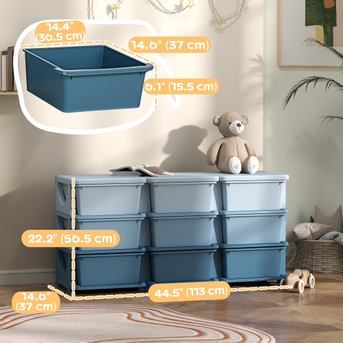 Qaba – Rangement de jouets pour enfants avec 9 bacs en plastique, coffre utilitaire à 3 niveaux pour chambre d'enfant, maternelle, salon pour